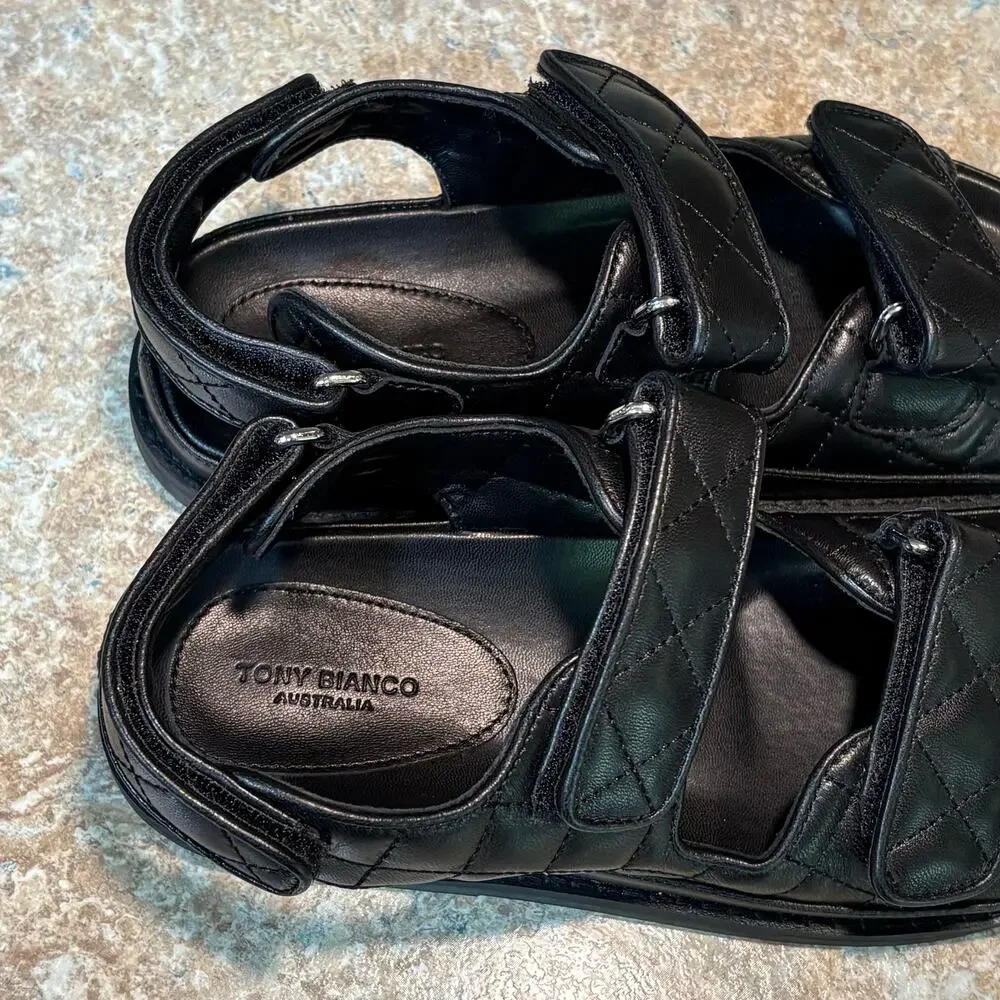 Tony Bianco Hiranni Black Sheep Nappa Leather Quilted Dad Sandals Size 38